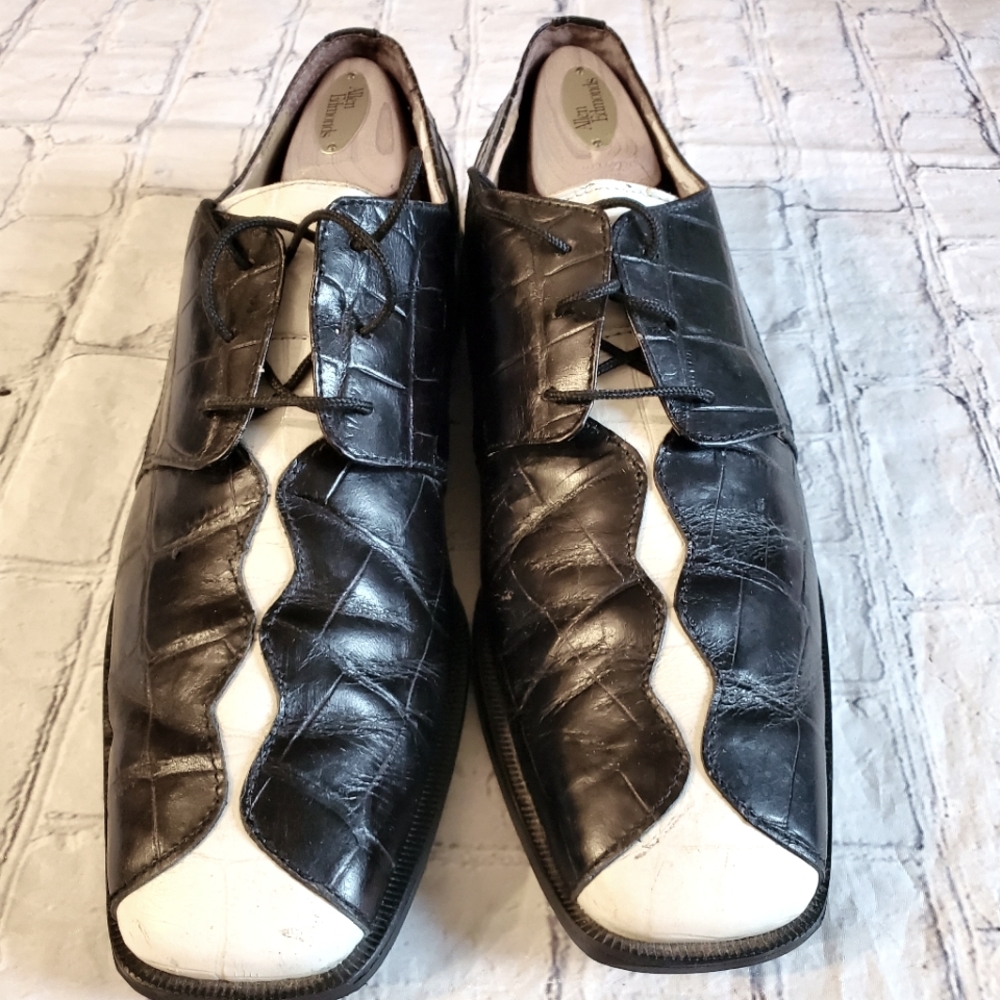 STACEY ADAMS MEN'S SHOES TRIDO CROC/LIZARD LEATHER UPPER BLACK/WHITE SIZE 11M